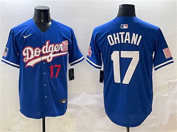Men%27s Los Angeles Dodgers #17 Shohei Ohtani Royal With American Flag Patch Limited Stitched Jersey